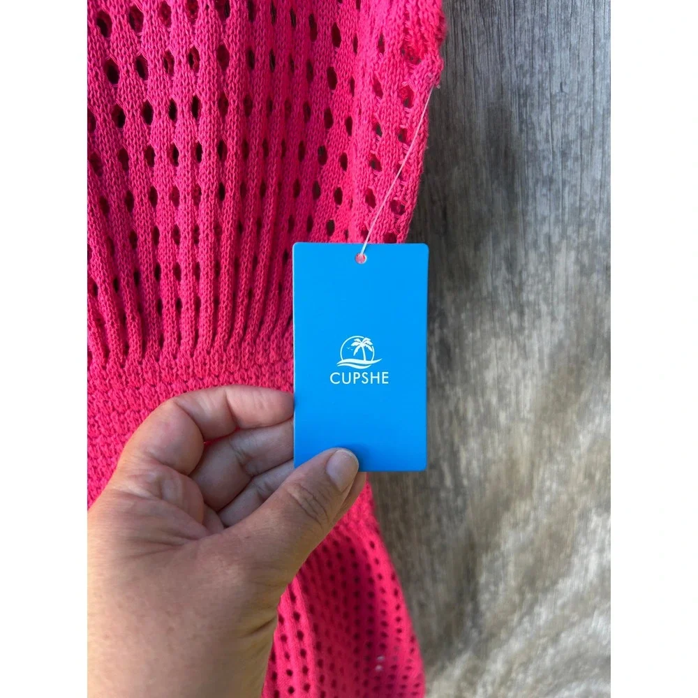 Cupshe Hot Pink Crochet Knit Swim Cover Up Dress Henley VNeck Small Beach Resort
